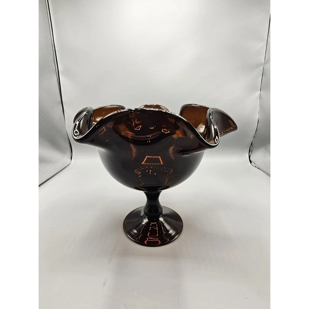 Vintage‎ Large Rootbeer Glass Compote Vase Ruffled Edges Large 9